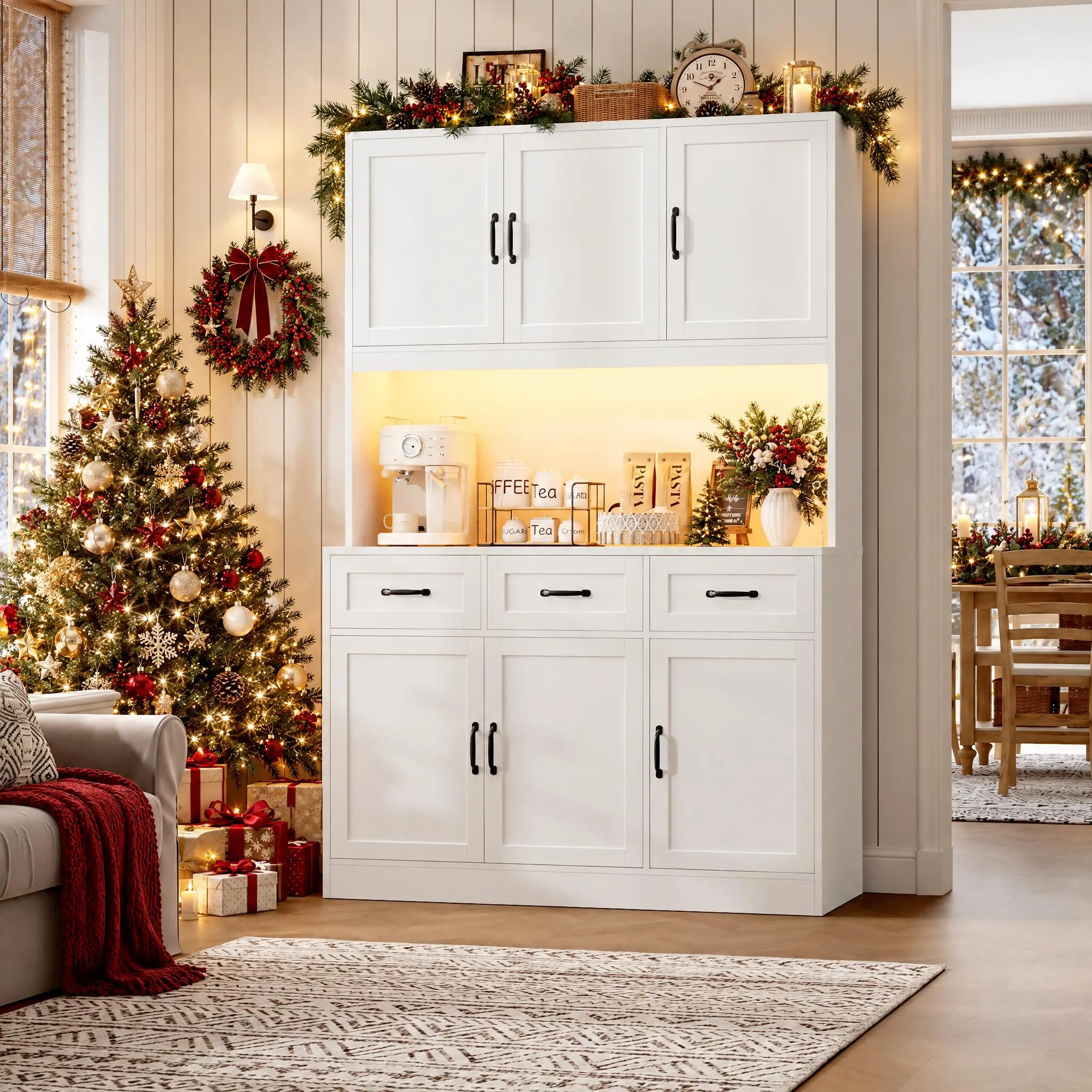 【FallDealsForYou】HOSTACK 72" Tall Kitchen Pantry Storage Cabinet with Charging Station, LED Lights, 3 Deep Drawers, Modern Design, Christmas Gift, Home essentials