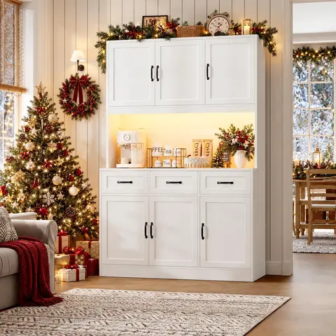 【FallDealsForYou】HOSTACK 72" Tall Kitchen Pantry Storage Cabinet with Charging Station, LED Lights, 3 Deep Drawers, Modern Design, Christmas Gift, Home essentials