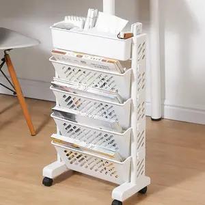 Five-Tier Bookshelf Organizer, Mobile Desk Side Storage Rack, Floor Standing Study Cart, Office Learning Supplies Holder, Pen Holder, File Storage