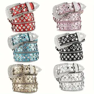 Skull Rivet Water Drill BB Belt – Fashionable Solid Color Shiny Cool PU Belt for Denim/Denim Pants, Suitable for Women, Girls, and Men