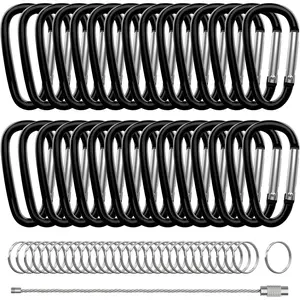 30PCS Aluminum Carabiner Clips, 2" D Shape Spring Snap Hooks Carabiner with 30PCS Keyring Keychain Hook