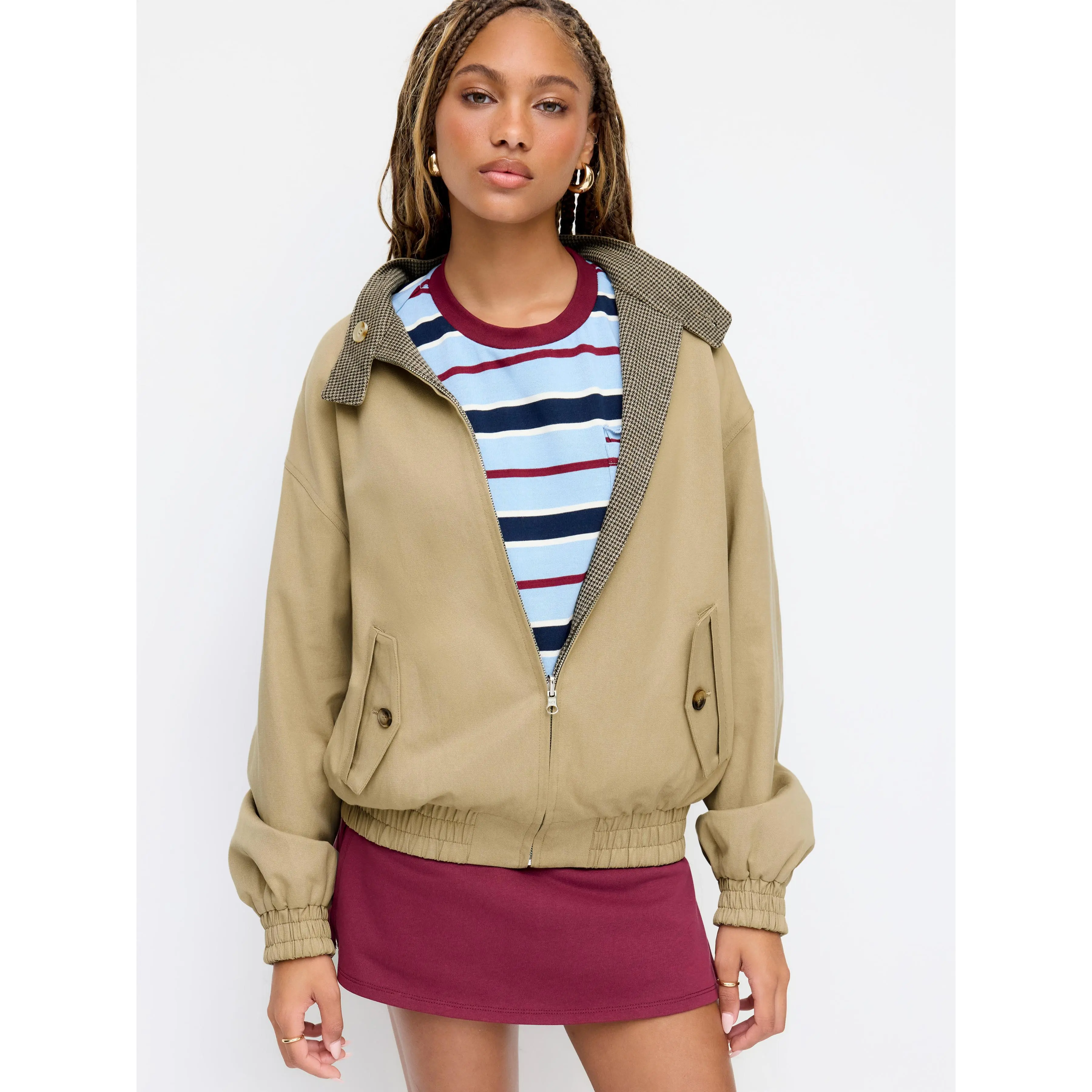 Cider Reversible Cotton-blend Stand Collar Houndstooth Oversized