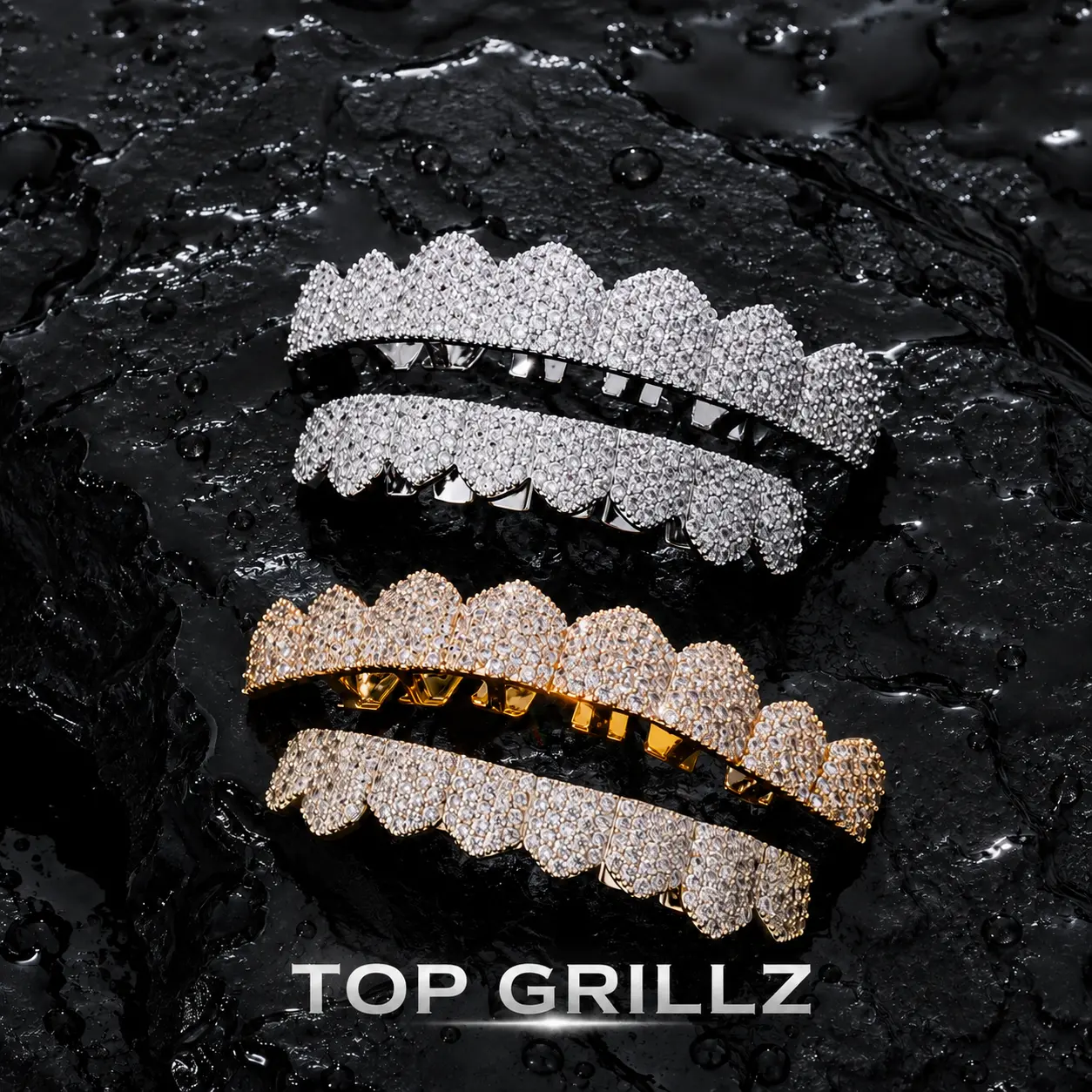 T.O.P GRILLZ Diamond Silver Grillz for Men Gold Teeth Grill for Women Iced Micro Pave 8 Fang 14K Gold Plated Rapper Costume Jewelry Accessory
