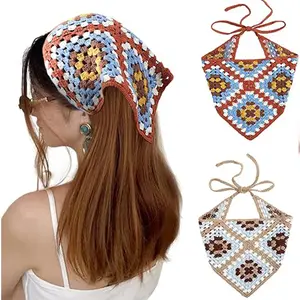 Crochet Bandana Head Kerchief Hair Scarf 2Pcs Knitted Hair Scarves Crochet Hair Kerchief Tie Bcak Headwrap Floral