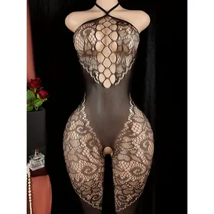 Sexy Lingerie, Sexy Open Crotch Halter Neck, Embroidered Open Crotch One-Piece Mesh Jumpsuit, See-Through Fishnet Body Stockings, Valentine'S Day New Pajamas, Dating Robe Tights, Black Fabric Sheer Bodysuits Knit Womenswear Solid