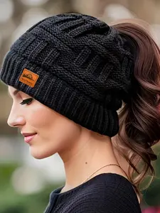 Women's Adjustable Winter Beanie Hat, Warm Windproof Elastic Cap, Suitable for Ponytail and Bun, and Cable Knit