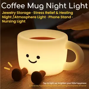 Coffee Mug Sleep Lamp, Pat Light, Bedside Lamp, Nursing Lamp, 3-Level Brightness, 7-Color Atmosphere Light, Jewelry Storage Light, Silicone, Phone Stand, Bedroom Decor, Stress Relief Toy, Easter Decor, Women's Day Gift for Mom Wife Girlfriend Grandma Kids