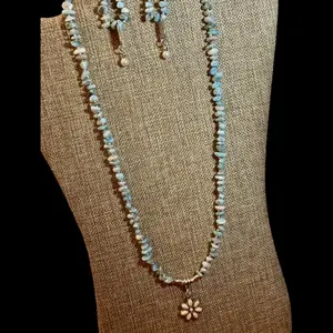 Handmade Larimar Necklace & Earrings Set: Blue Gemstone Flower Pendant