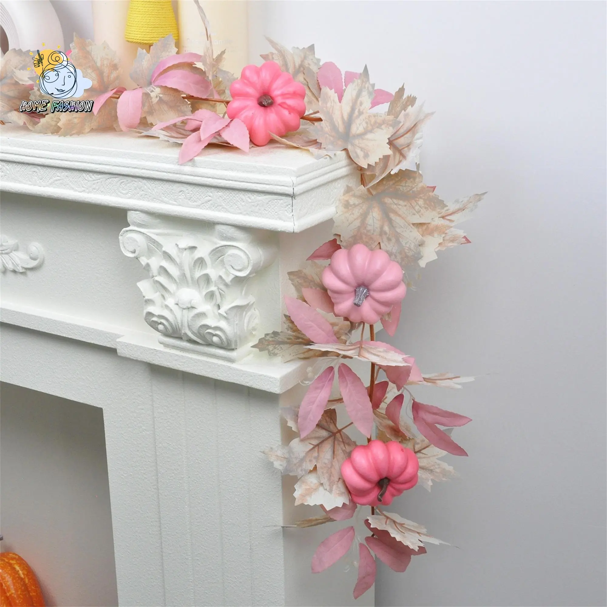 Artificial Fall Maple Leaf Garland with Pink Pumpkins, Hanging Home Decor for Thanksgiving, Halloween Holiday Parties