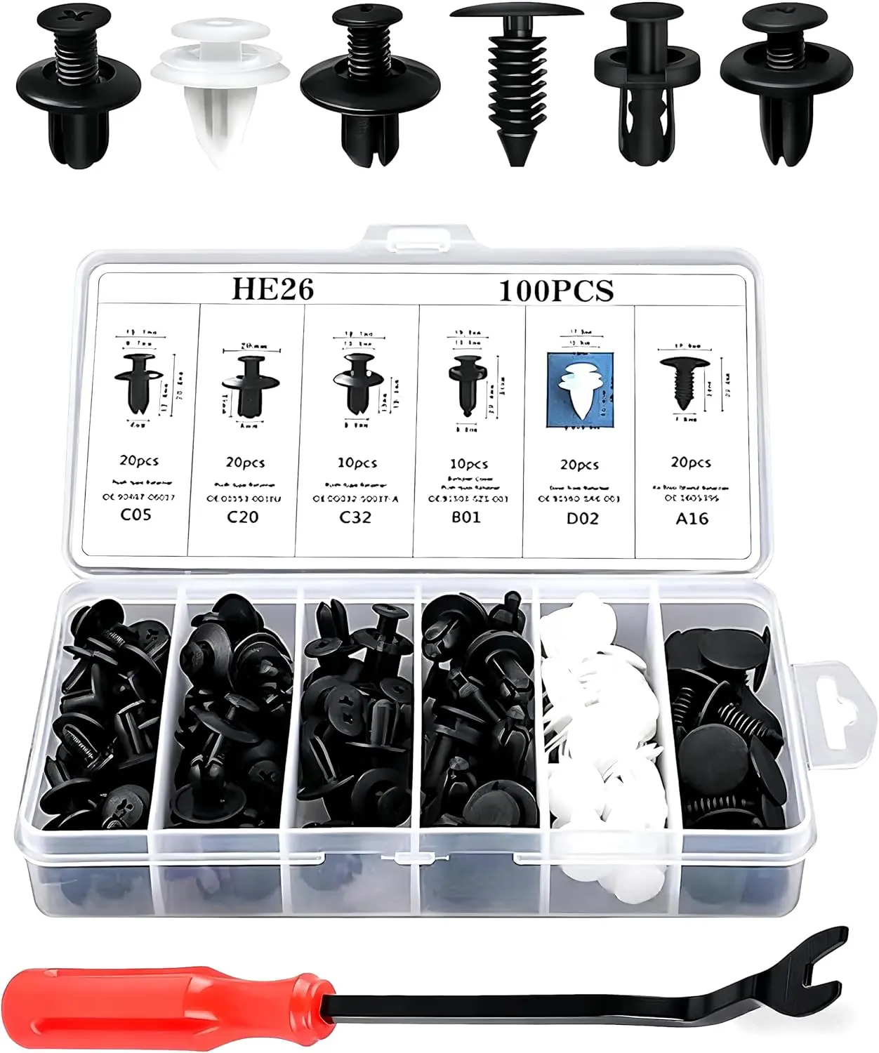 B BRAZIFY 100PCS Push-Install Car Assorted Clips Kit with Removal Tool, Universal Bumper Fasteners, Plastic Rivets, Fender Trim Door Panel Splash Shield Body Panel Fix Pins for Cars Trucks SUVs White