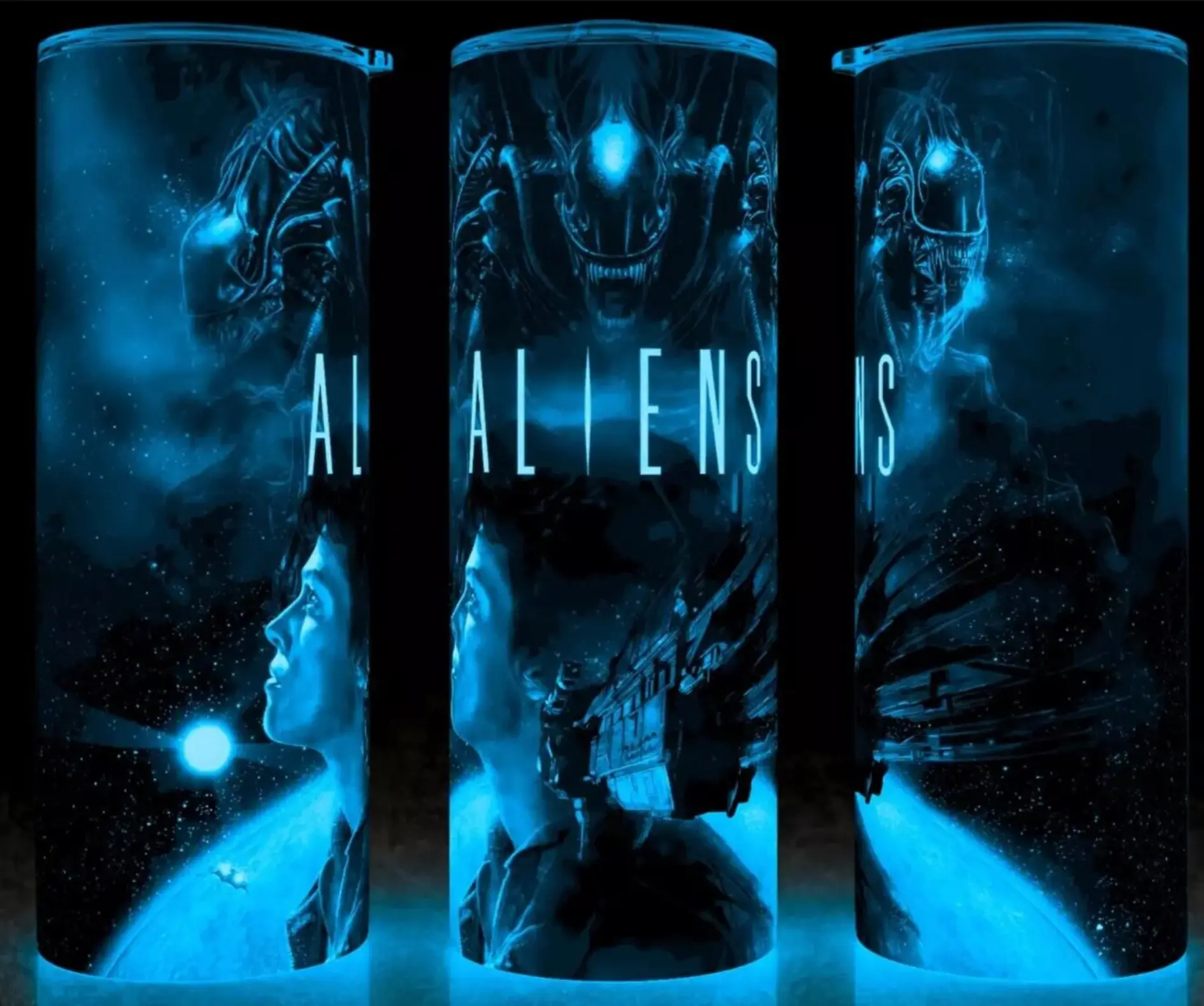 Glow in the Dark Aliens Ripley VS Xenomorph Alien Horror Movie Cup Mug Tumbler 20oz Stainless Steel Tumbler with Slide Closure Lid, Reusable Plastic Straw, Handmade Design - Drinkware