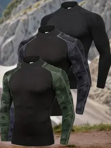 Men's Solid Compression Thermal Lined Tee, Quick Drying Long Sleeve Mock Neck T-Shirt, Basic Sporty Top for Gym Sports, Men Sports Thermal Underwear