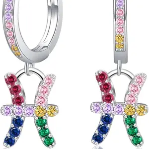 Presentski Zodiac Sign Earrings with Colourful Cubic Zirconia - QWomen's Girls' Hoop Earrings 925 Sterling Silver Small Horoscope Pendant Hanging Hoops Earrings 12 Constellation Astrology Jewellery Gift, Sterling Silver