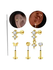 Cute Stainless Steel Cartilage Earrings, Flat Back Push Pin Studs for Tragus/Helix/Conch, Dainty Threadless Jewelry for Women & Girls