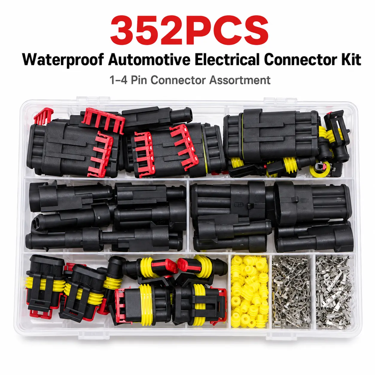 352-Piece 1-4 Pin Sealed Automotive Electrical Connector Kit with Male and Female Housings, Crimp Terminals, Wire Seals and Organizer Box for Cars, Motorcycles, Trucks, RVs and Boats