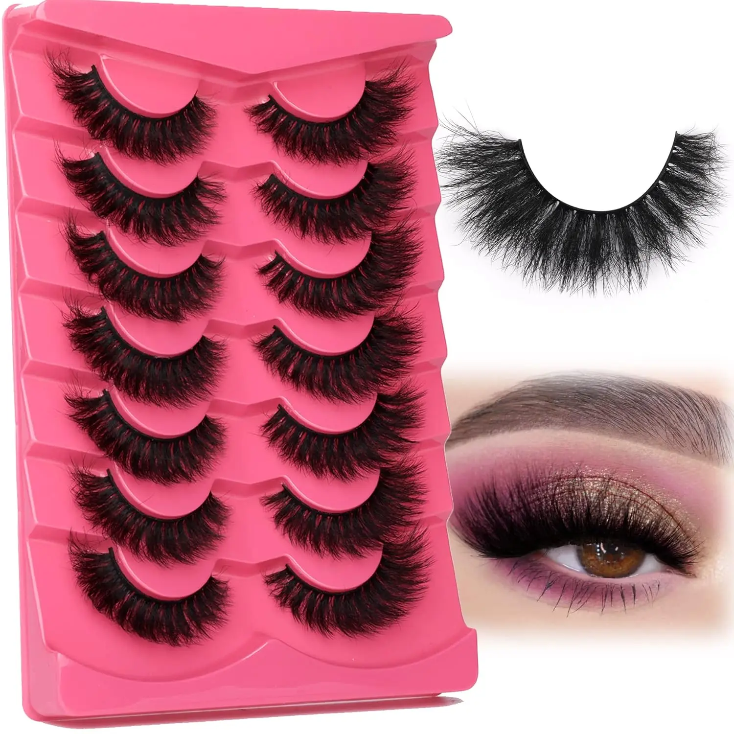 False Eyelashes Thick 8D Volume Wispy Faux Mink Lashes Cat-Eye 16 mm Dramatic Mink Lashes 7 Pairs Pack Eyelashes Multipack