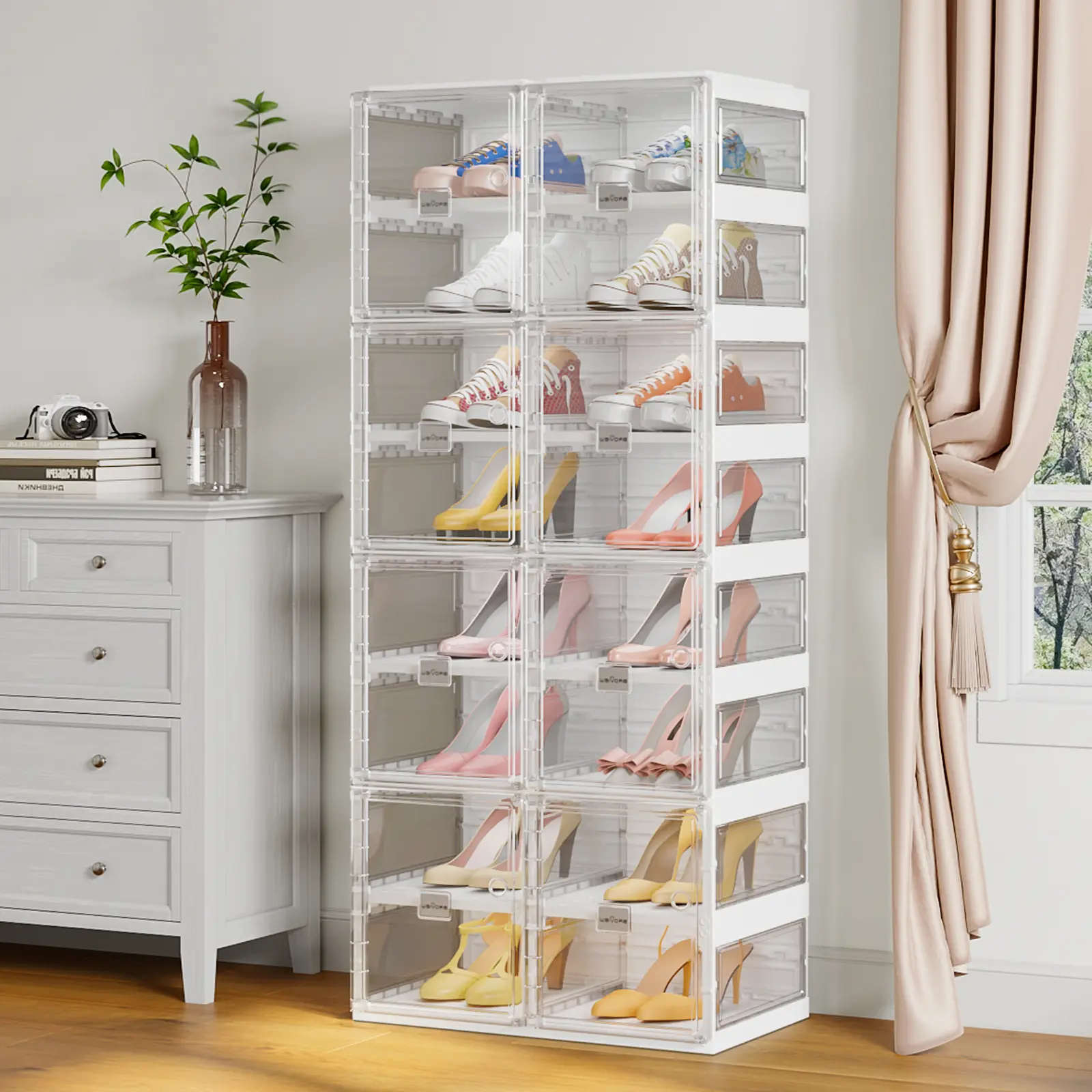 BROVIEW Shoe Storage Organizer Thicken Plastic Foldable Shoe Box Pack Set, 8 Tier 16 pairs, White Sneaker Shoe Display Case Transparent