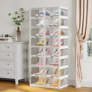 BROVIEW Shoe Storage Organizer Thicken Plastic Foldable Shoe Box Pack Set, 8 Tier 16 pairs, White Sneaker Shoe Display Case Transparent