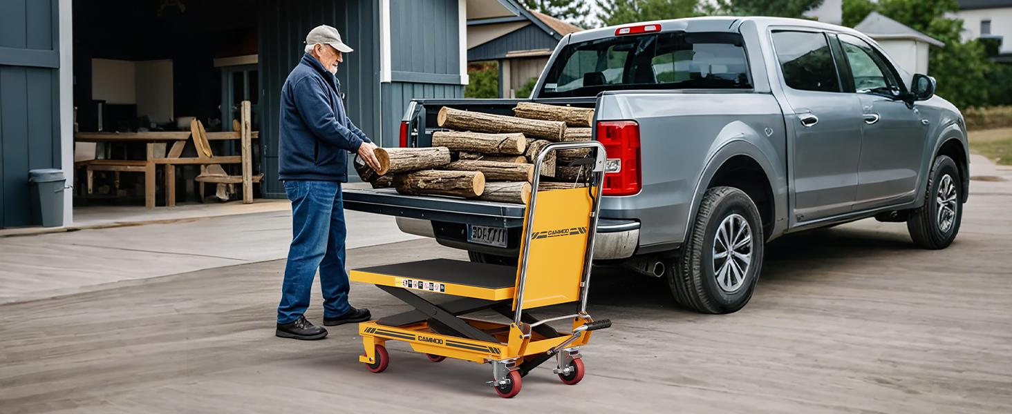 CAMMOO Foldable Hydraulic Lift Table Cart, 330lbs Capacity, 28.5" Lifting Height, Single Scissor Lift with Non-Slip Pad & Thickened Scissors Design for Material Handling and Transportation, Yellow