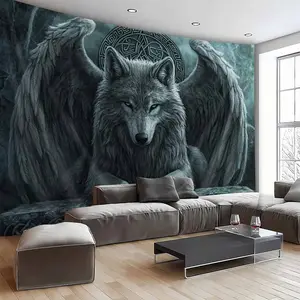 1pc Oversized Celtic Knot Wolf Tapestry Wall Hanging - Majestic Gray Wolf Pack with Wings & Celtic Knot Design, Large Wolf & Knot Art for Living Room, Bedroom, Dorm Decor - Free Hanging Clamp Included, (Weddings
