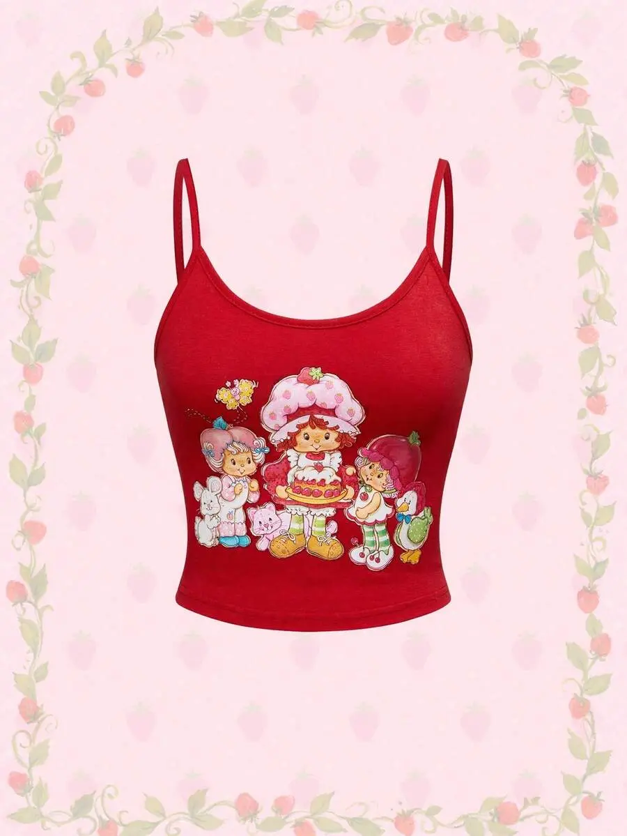 Strawberry Shortcake | Spring/Summer Women Cartoon Figure Graphic Red Cami Top, Suitable For Summer