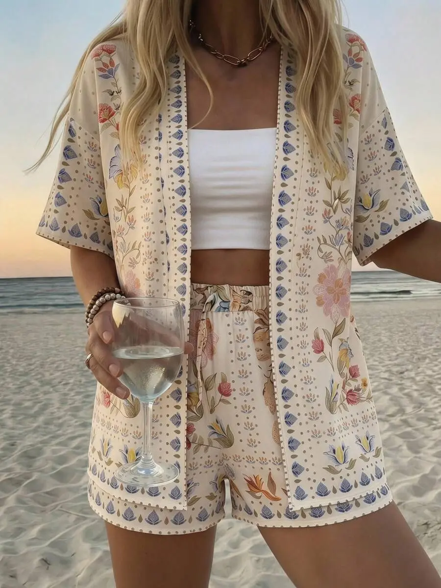 Vivid Eden Women's Summer Boho Tropical Floral Print 2 Pieces Set Open Front Kimono Top And Drawstring Shorts Outfits Beige Beach Vacation Holiday Outfits
