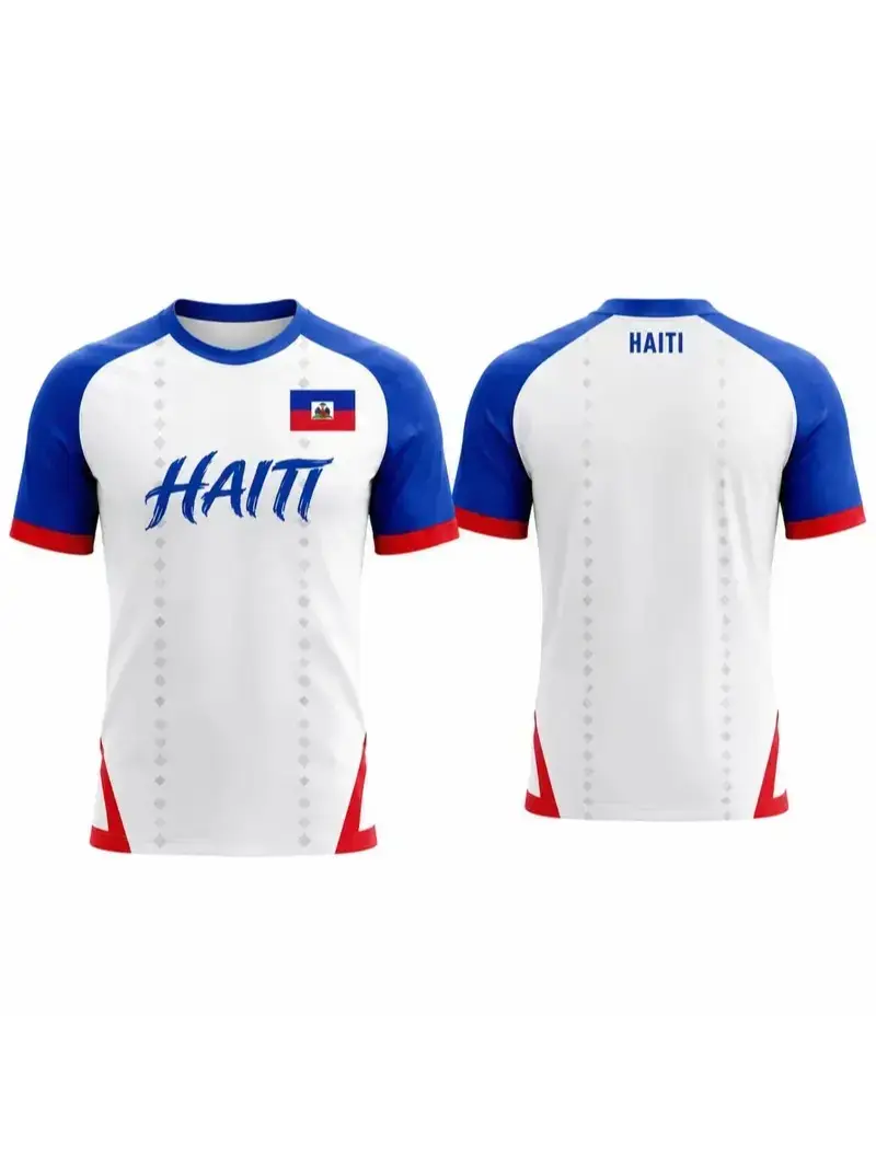 2026 Haiti Soccer Jersey - White-Blue Raglan Short-Sleeve Crew Neck Athletic Tee, Unisex Haitian Flag Football Fan Shirt, Game Day Gift (S-5XL)
