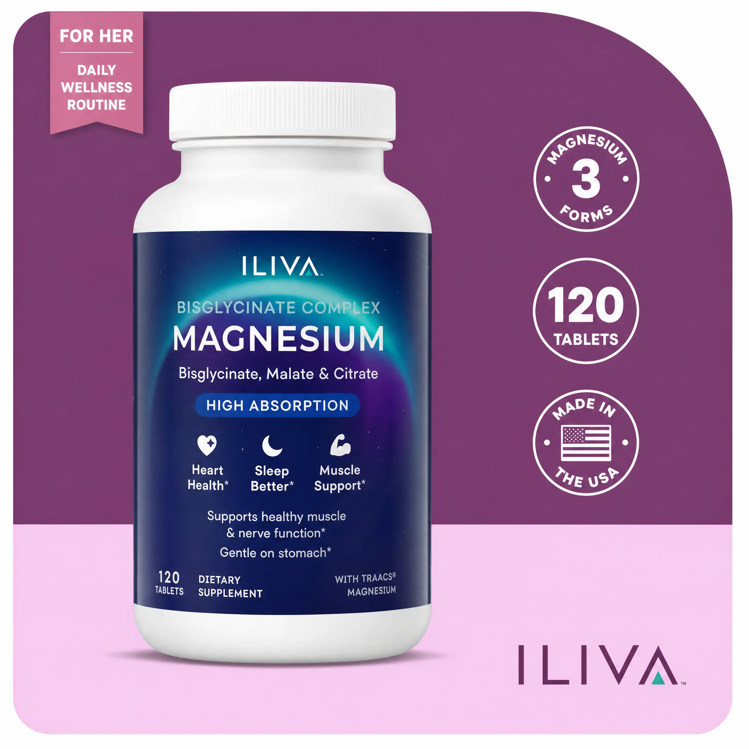 ILIVA Magnesium Complex for Women, 120 Vegan Tablets | 3-in-1 Magnesium Glycinate, Malate & Citrate | 300 mg Triple Magnesium Blend for Daily Wellness
