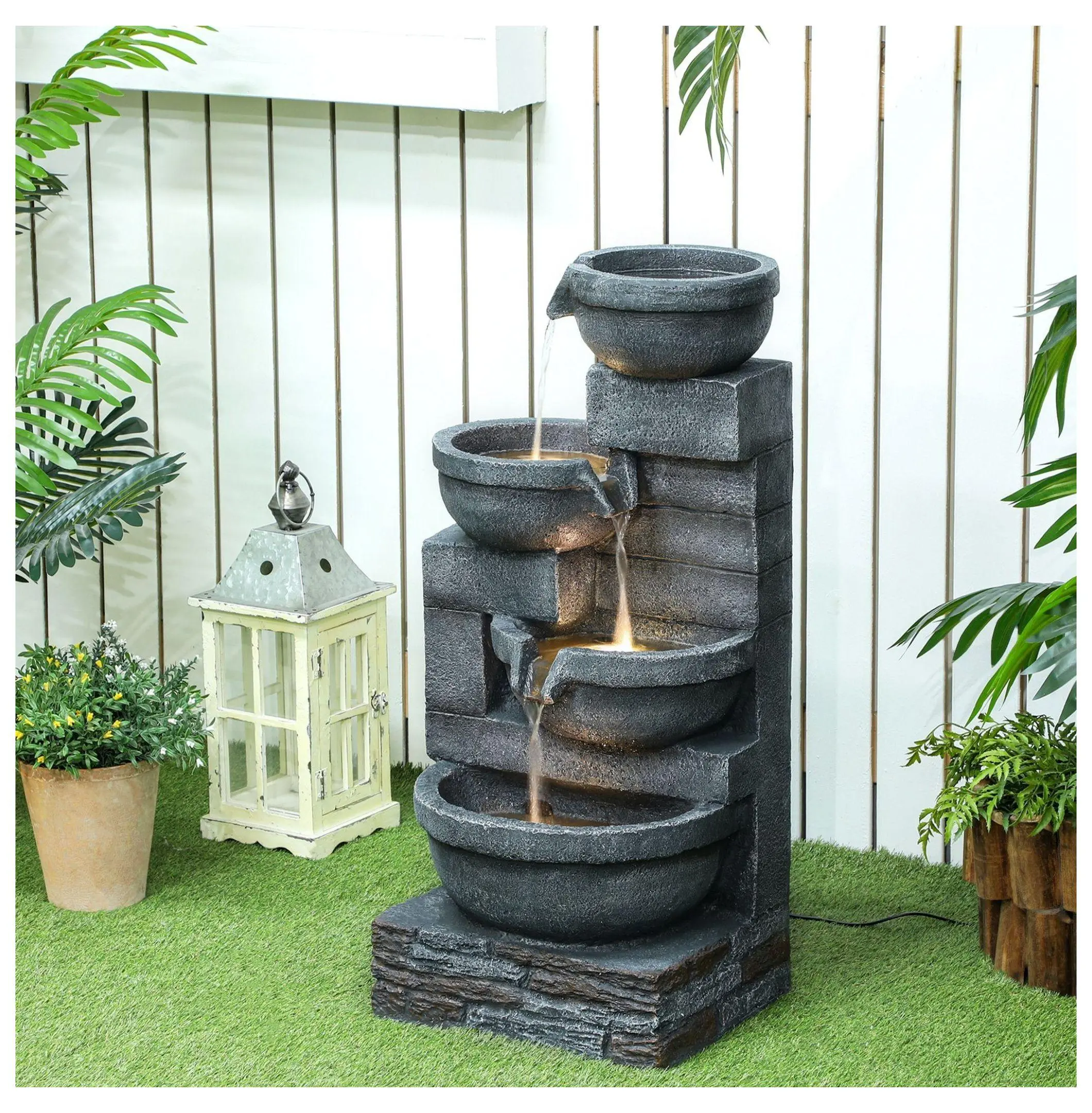 30" Outdoor Waterfall Fountain, 4-Tier Cascading Water Feature with Pump, Gray Garden Decor nan