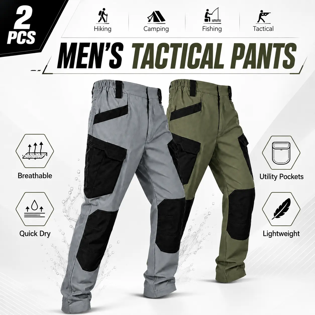 2-pack men’s solid-color tactical work pants, 230 g/m² new fabric (limited breathability), with multiple pockets and zipper closures, durable outdoor training pants, available in multiple colors, suitable for fishing, work, and camping, ideal for spring a
