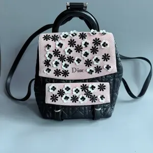 Pre-owned Dior Mini Cannage Backpack Black Lambskin Pink Floral Embellished X206 26.06.13