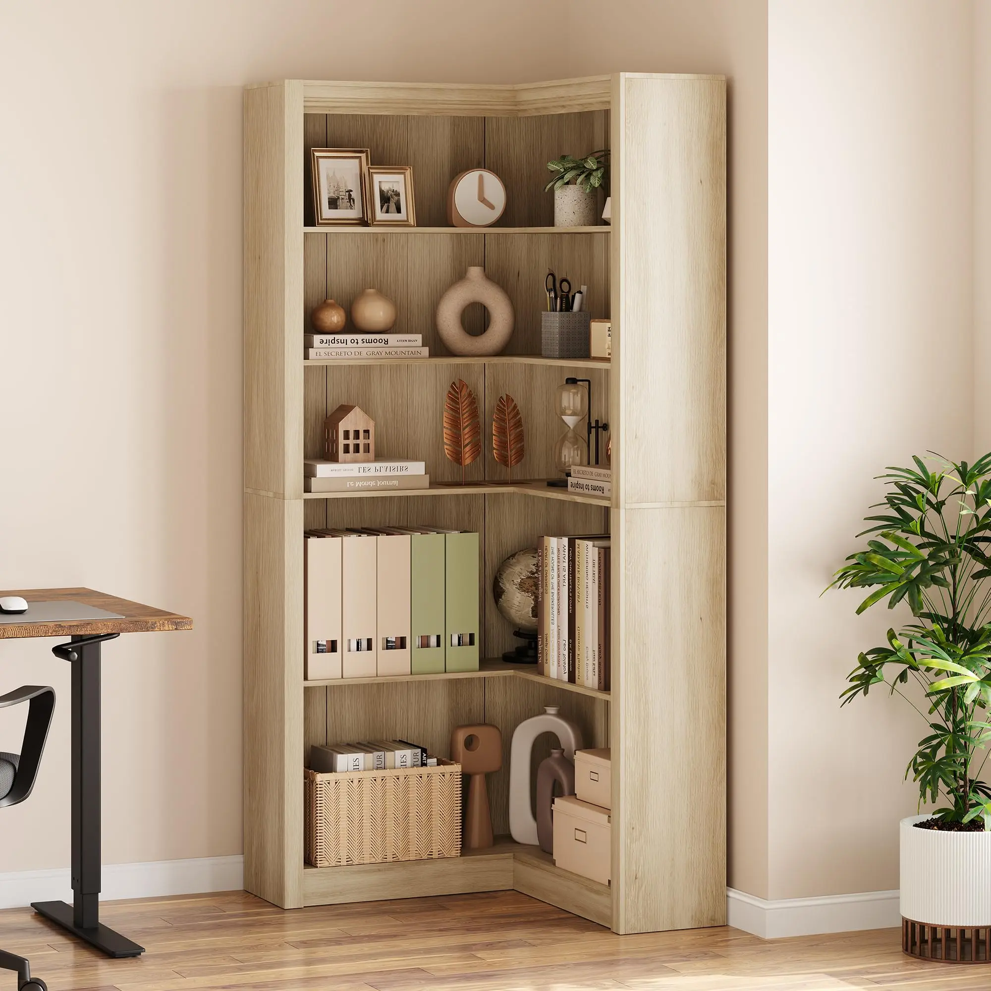 Corner Bookshelf, 71.8 in Farmhouse Corner Bookcase, L-Shaped Bookshelf Large Bookcase, 5 Tier Display Shelf Heavy Duty Bookcases, Bookshelves with Storage (Light Wood)