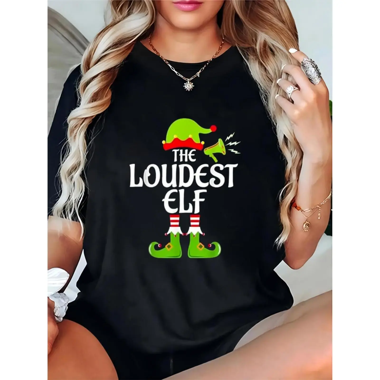 Casual Christmas T-Shirt for Women, "The Loudest Elf" Graphic Print in 100% Cotton, Crew Neck with Relaxed Fit, Shortsleeve, Lightweight, Top, Tshirt, Comfortable, Breathable, Pure Cotton, Graphic Front, Short Sleeves