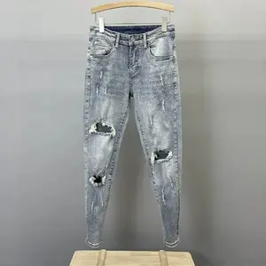 Spring Autumn New Light Blue Knee Ripped Jeans Men's Slim-fit Small Feet Pencil Pants High Street Beggar Pants Boyfriend Jeans
