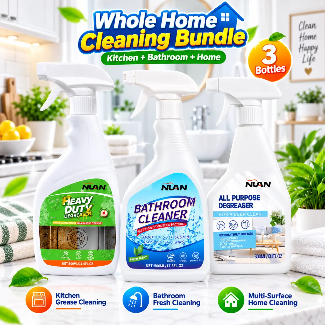 NUAN 3 Pack Home Cleaning Kit - Kitchen Degreaser, Bathroom Cleaner & Multi Surface Cleaner Spray, Whole Home Cleaning Bundle