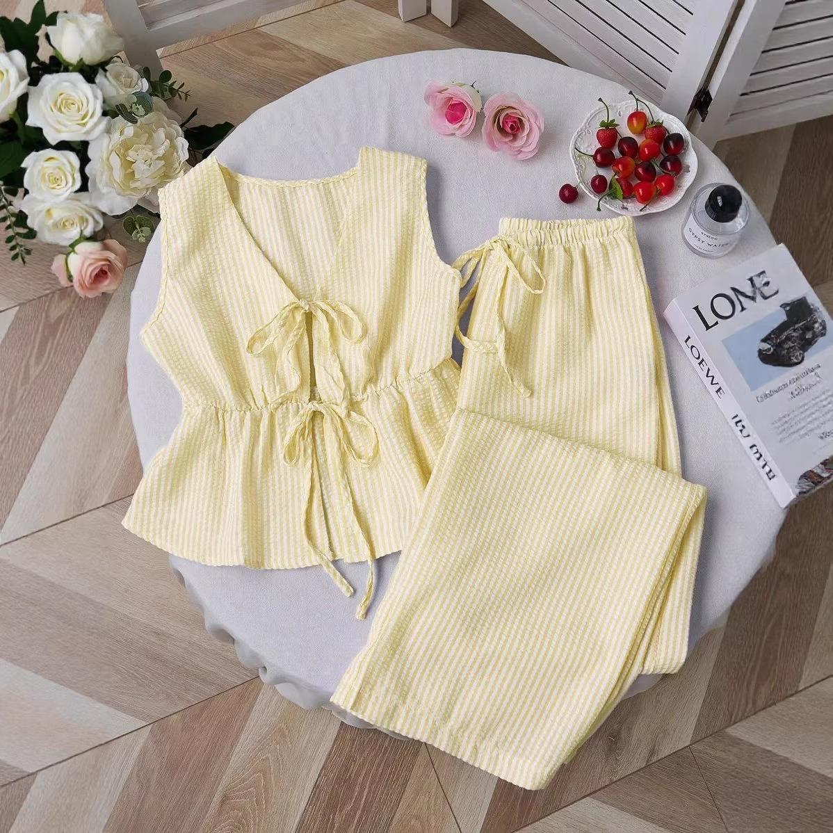 Women's 2 Piece Striped Lounge Set with Pockets Sleeveless Tie Front V Neck Wide Leg Pants Soft Summer Casual Pajamas Loungewear