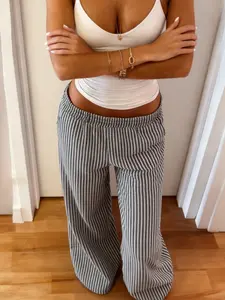 Women's Loose Fit Striped Elastic Waist Pants, Casual Elastic Waisted Long Straight Leg Trousers with Pockets, Casual Comfy Trouser, Spring & Fall Fashion