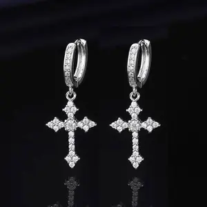 Gold/Silver CZ Cross Drop Hoop Earrings, Pave Crystal Cross Charm Huggie Earrings