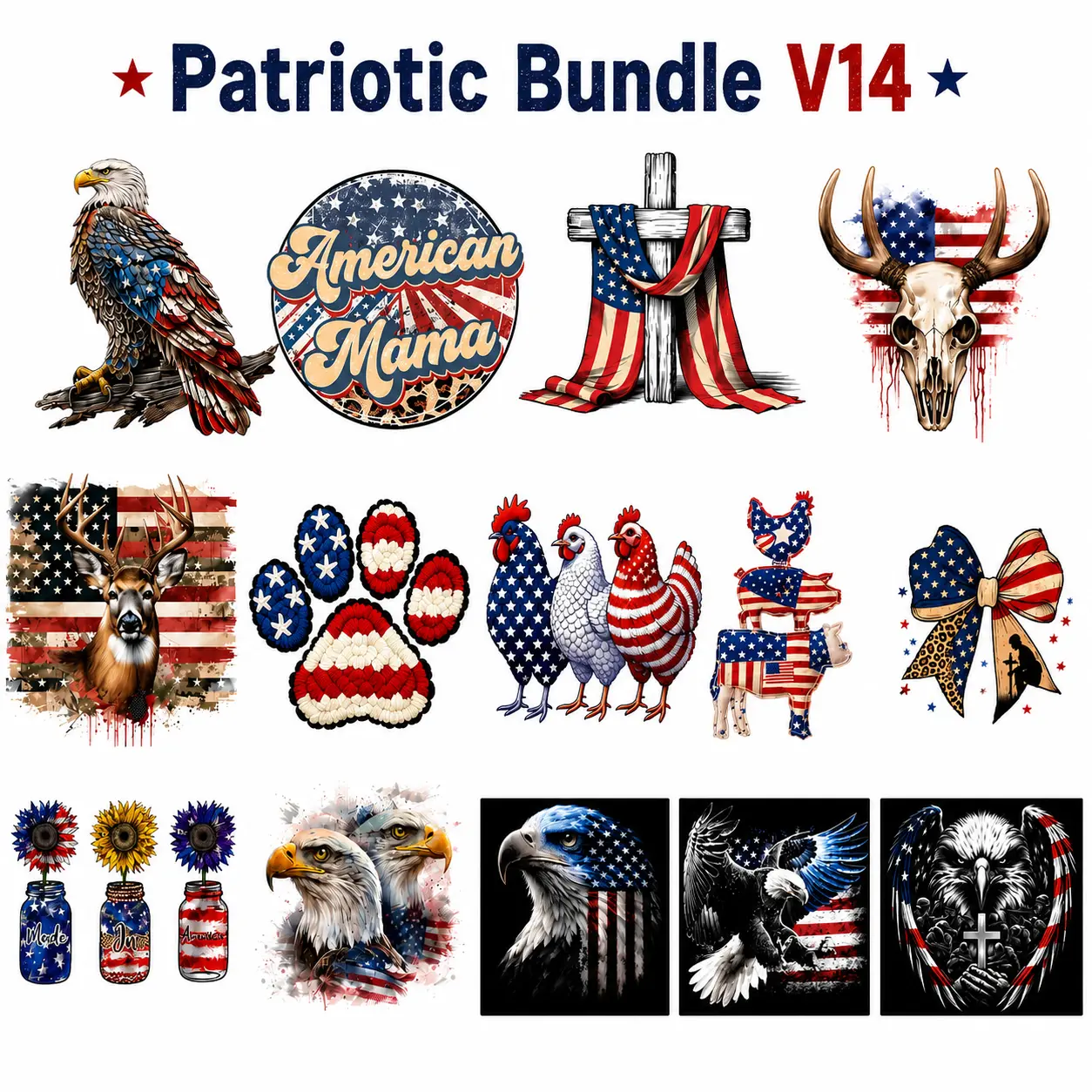 Patriotic Bundle V14 | Ready-to-Press Heat Transfer | 14 DTF & Sublimation Designs for USA Independence Day DIY T-Shirts, American Flag Apparel Supplies