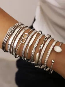 Heart Geometric Pattern Metal Bracelet Set 12 Pieces, Fashionable Bangles, Stylish Jewelry Collection, Perfect Gift for Women & Girls, Heart Cuff Bracelet