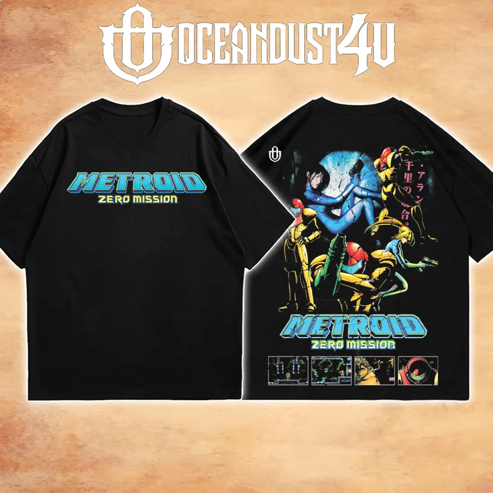 OceanMOB4U Metroid Zero Mission Samus Aran Black T-Shirt, Front and Back Graphic Gaming Tee, Retro Sci-Fi Action Adventure Video Game Shirt, Unisex Gamer Gift