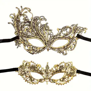 2PCS Golden Masquerade Masks Venetian Eye Mask Women Mardi Gras Party Evening Prom Costume