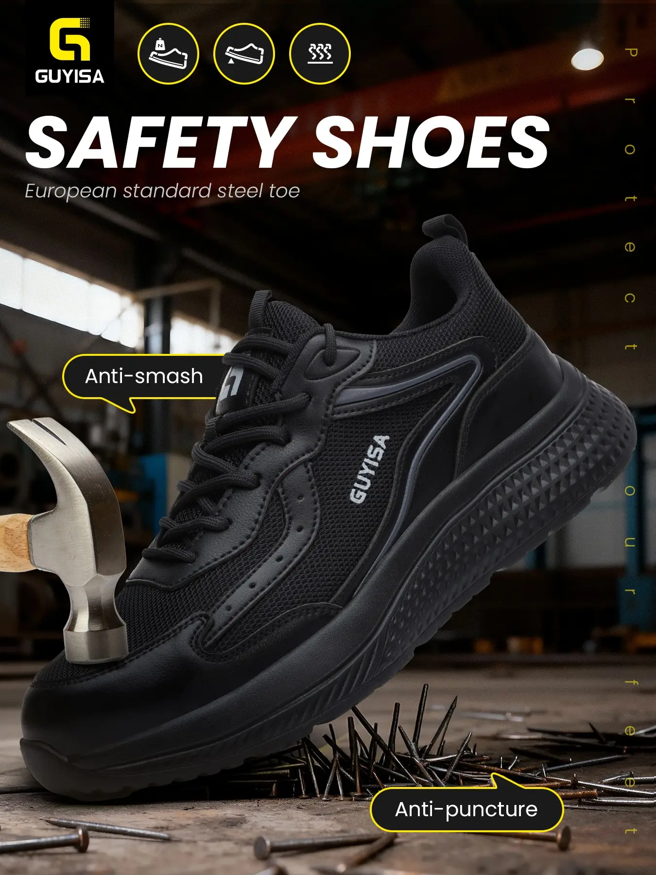 Guyisa Safety Shoes Casual Anti-Smash & Puncture Proof Euro Standard Steel Toe Cap 4mm Kevlar Sole, Patchwork Mesh Fabric, All Seasons Worker