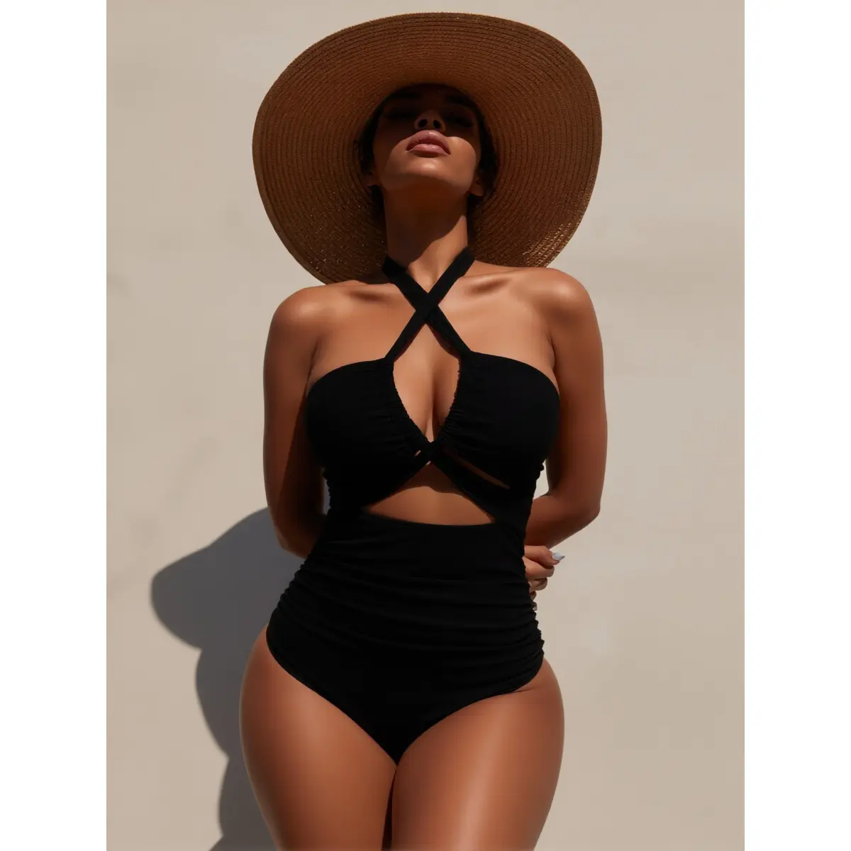 2026 Summer Must-Have Classic Black Crisscross Halter One-Piece Swimsuit, Front Cutout Ruched Tummy Control Backless Tie Back Bathing Suit, Curvy Friendly Flattering Slimming Swimwear for Women, Perfect for Beach Pool Parties & Vacation Trips