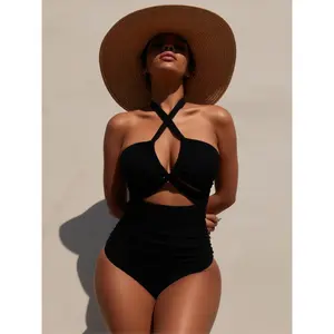 2026 Summer Must-Have Classic Black Crisscross Halter One-Piece Swimsuit, Front Cutout Ruched Tummy Control Backless Tie Back Bathing Suit, Curvy Friendly Flattering Slimming Swimwear for Women, Perfect for Beach Pool Parties & Vacation Trips