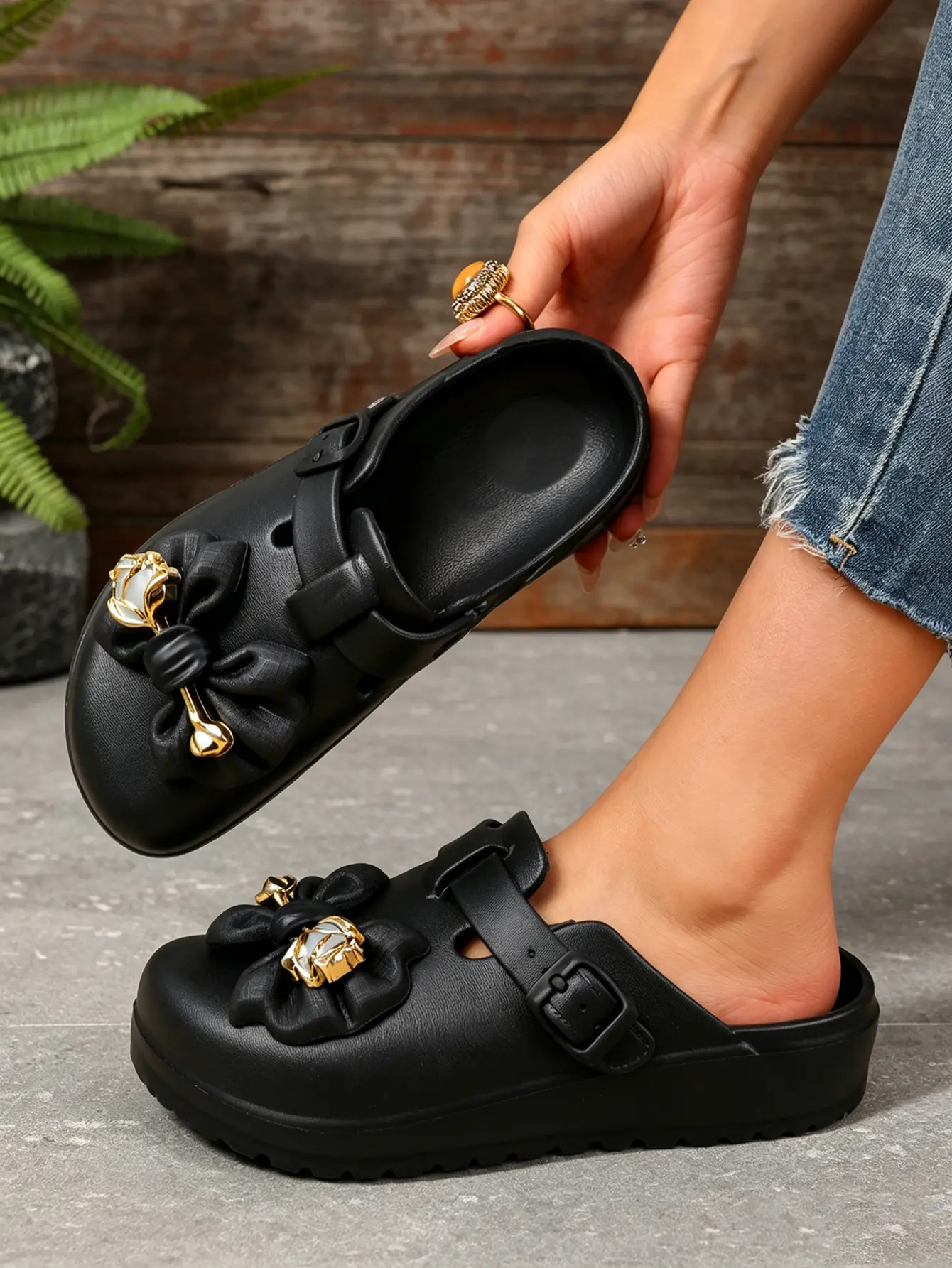 Women's Black Flat Mules Walking Shoes - Pelisse Pattern Print, Soft Durable EVA Footwear, Adjustable Buckles, 4-Season Closed Design, Comfortable for Daily Wear, Gardening