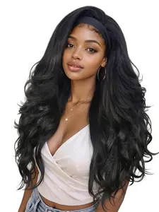 Headband Yaki Curly Wig 26 Inch Synthetic Half Wig Glueless Wig with Filp Curls Curly Half Wigs For Black Women Daily Party Use(Natural Black)