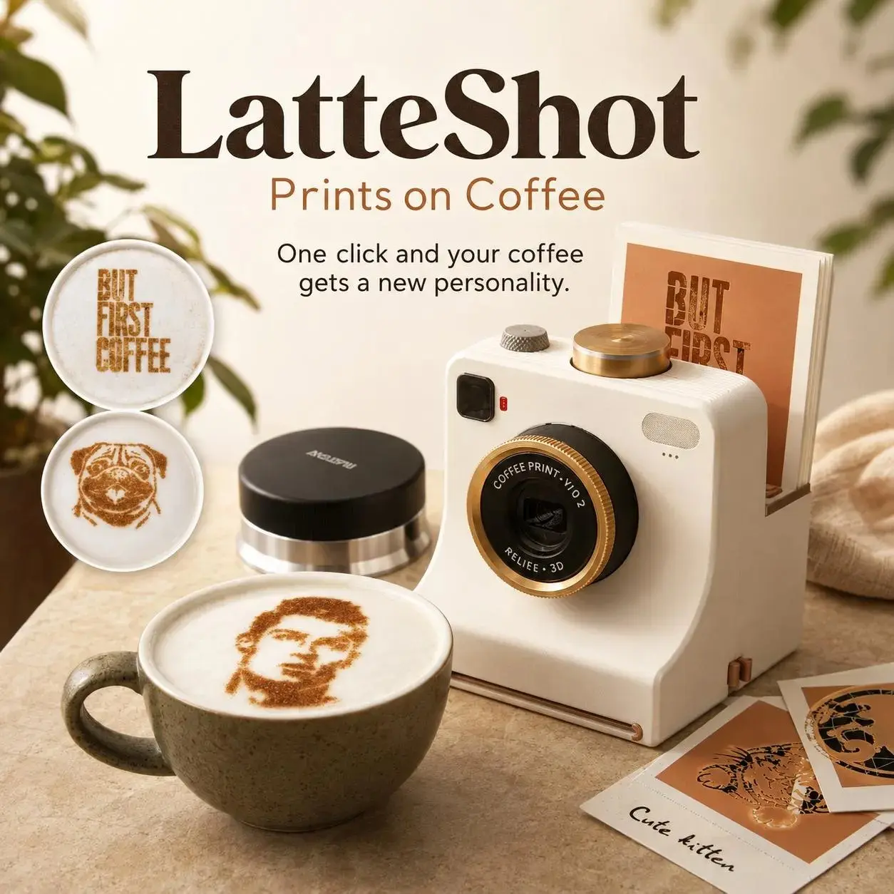 LatteShot Retro Plastic Latte Art Stencil Camera - Interchangeable Mechanical Coffee Decorating Tool with 24 Stencils for Lattes, Cappuccinos | Novelty Print Coffee-Making Tool