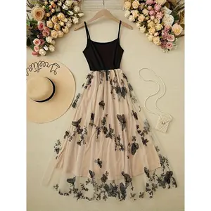 Elegant Women's Lace & Tulle Embroidered Cami Dress - Sleeveless, Backless Design with Floral Patterns, Perfect for Spring & Summer Events Casual Wear Statement Formal Womenswear