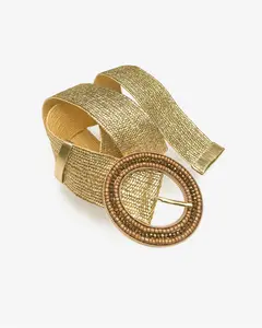Beaded Circle Buckle Raffia Belt Natural